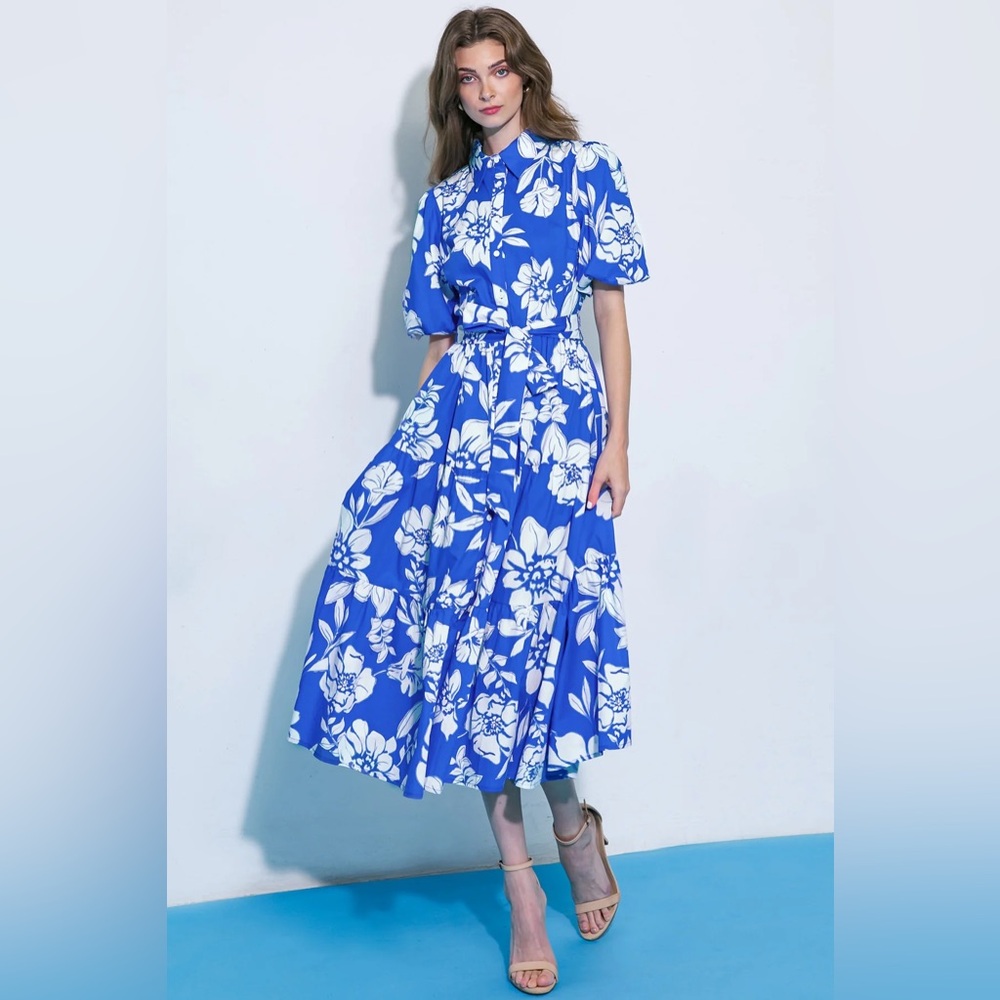 Flying Tomato Royal Blue & White Floral Button-Front Midi Dress